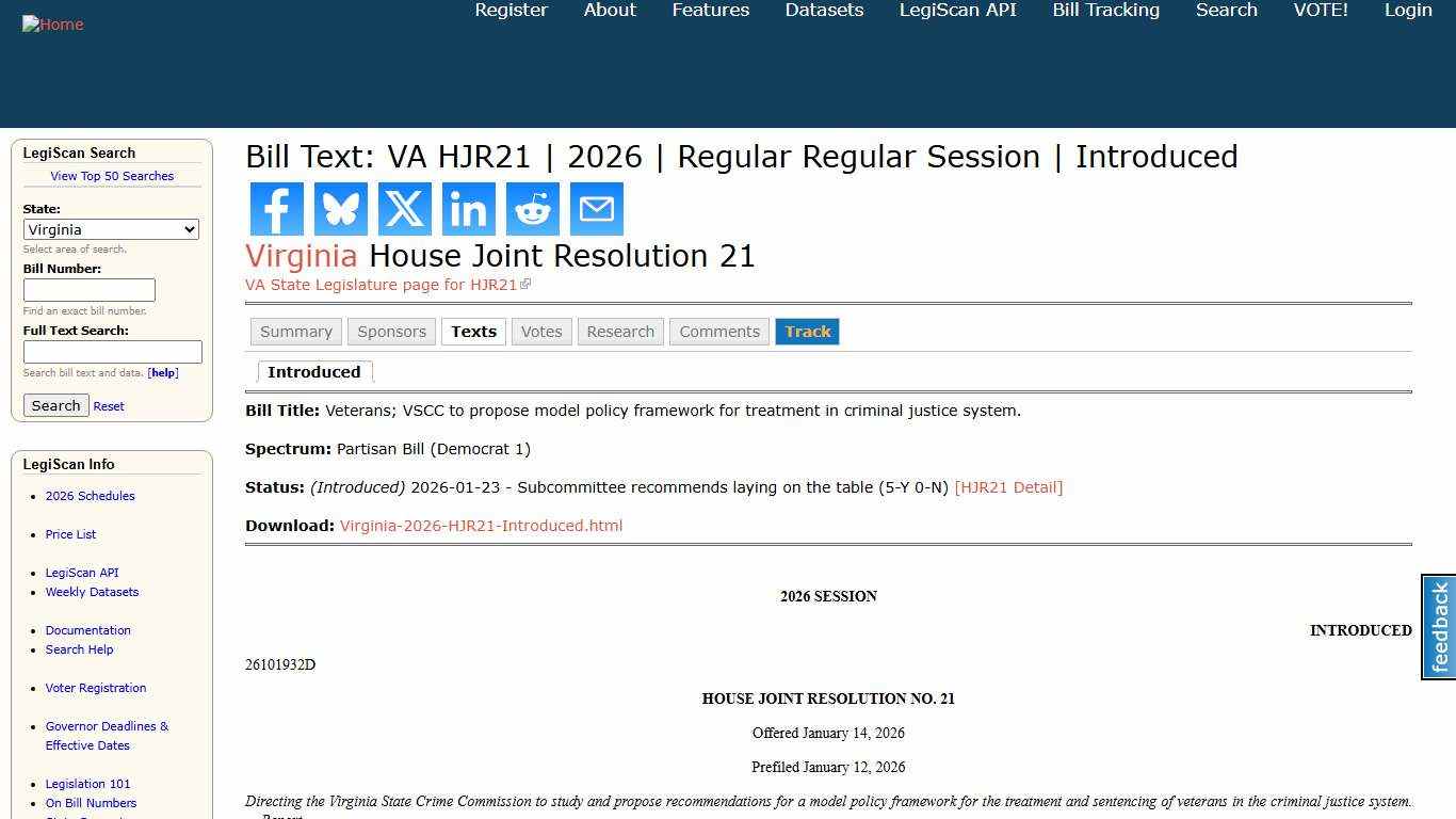 Bill Text: VA HJR21 2026 Regular Regular Session Introduced LegiScan