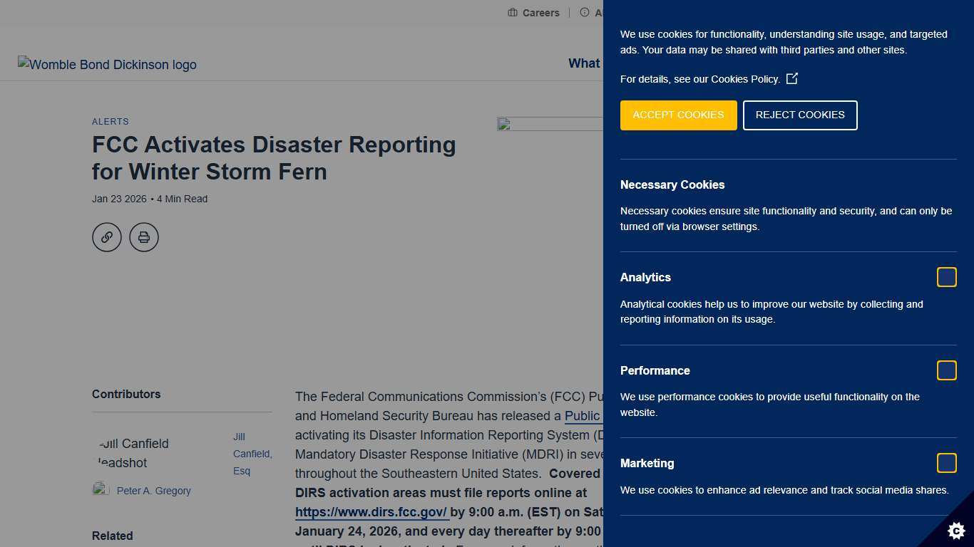 FCC Activates Disaster Reporting for Winter Storm Fern Womble Bond Dickinson